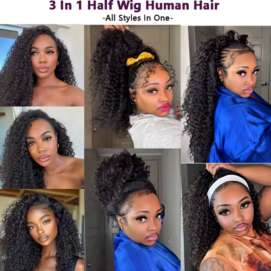 Perruque mi-tête Water Wave 3-en-1 en cheveux humains