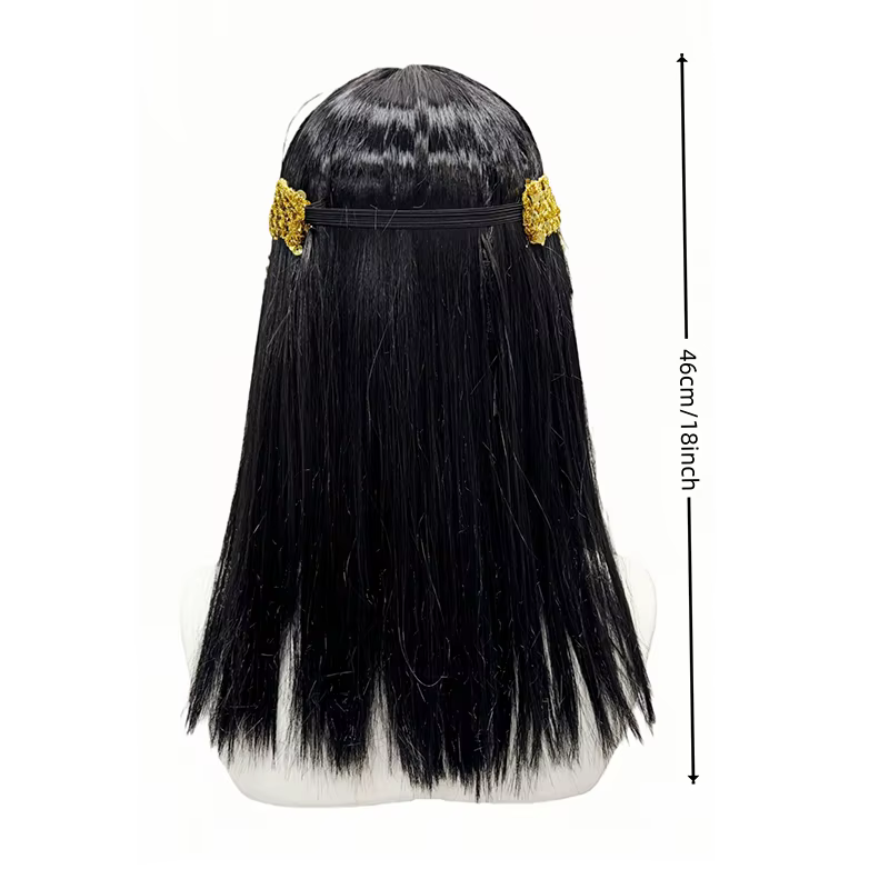 Perruque synthétique noire droite avec perles serpent et pompons