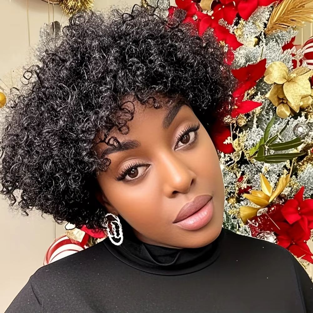 Perruque de cheveux humains naturel Afro crépus bouclés coupe de lutin avec frange postiche bouclée Jerry complète pour
