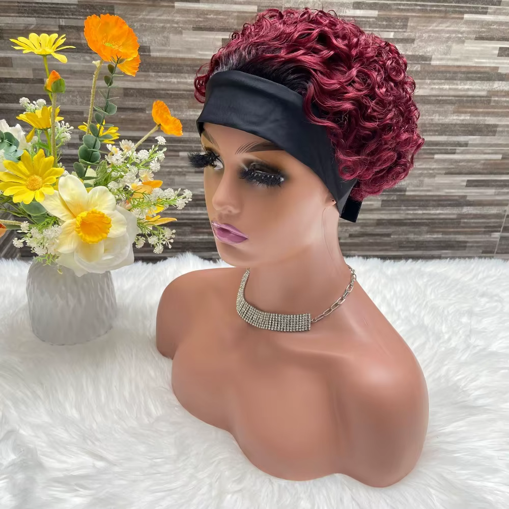 Perruque bouclée coupe lutin avec bandeau de cheveux humains colorés pour femmes