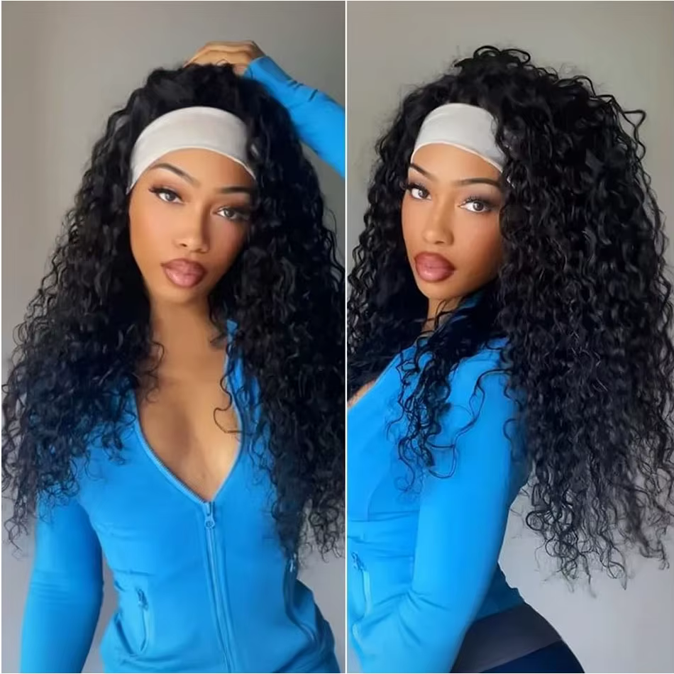 Perruque longue à bandeau en cheveux humains bouclés crépus pour femmes