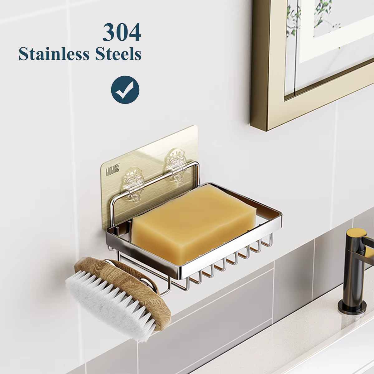 Porte savon en barre avec économiseur de savon et crochets de rasoir pour mur de douche, porte-savon adhésif mural en acier inoxydable pour salle de bain