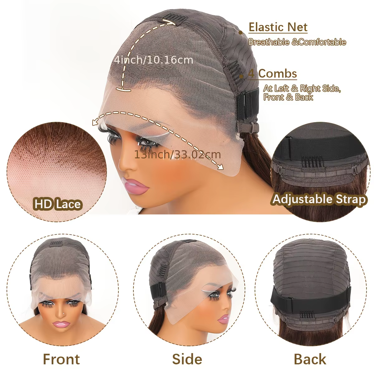 Perruques en cheveux humains brun chocolat 13x4