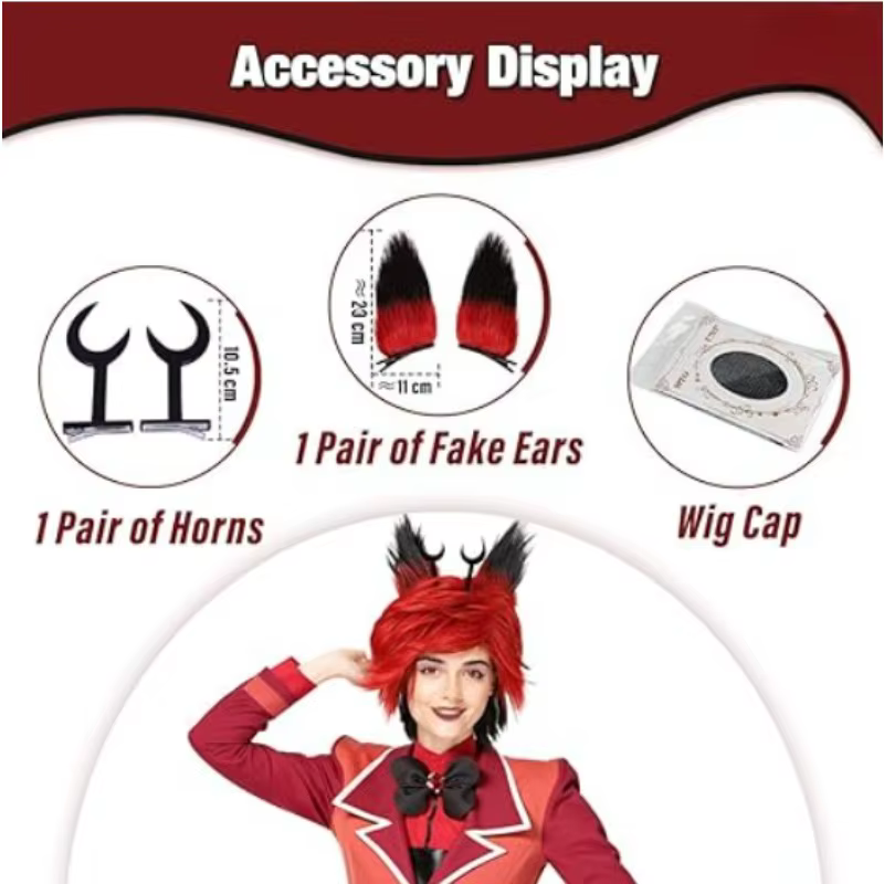 Perruque noire et rouge avec clips de cornes et oreilles détachables pour cosplay