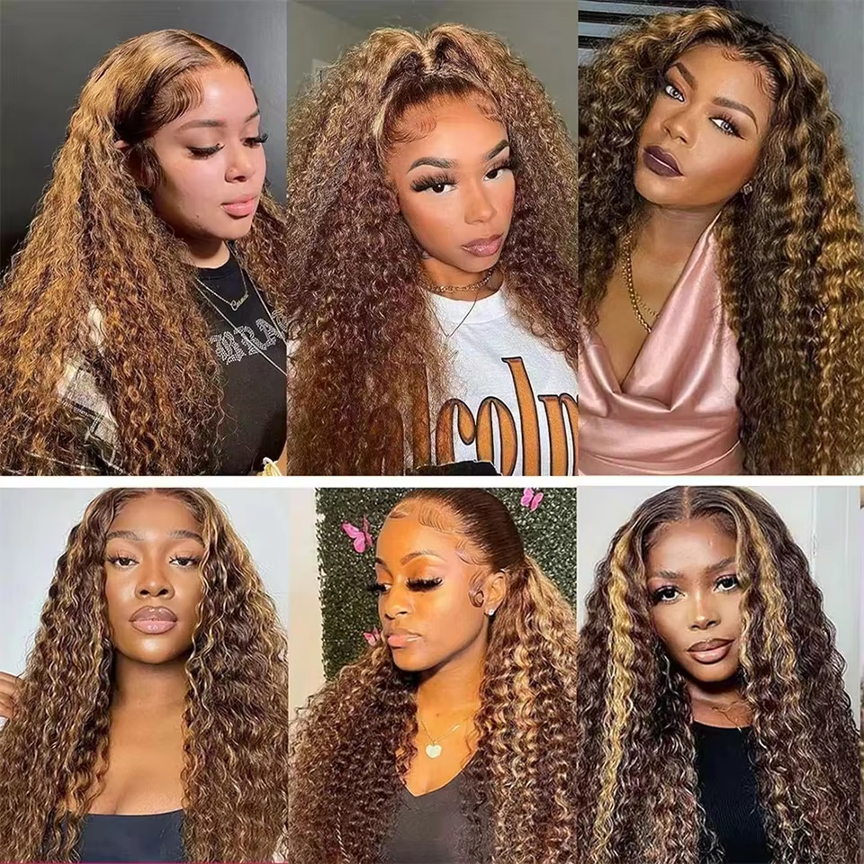 36 pouces mettre en évidence miel blond crépus bouclés perruques cheveux humains 13x6 HD vague profonde dentelle