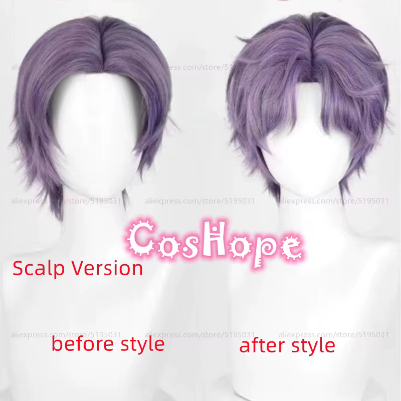 Rafayel Cosplay perruque 30 cm courte violet gris