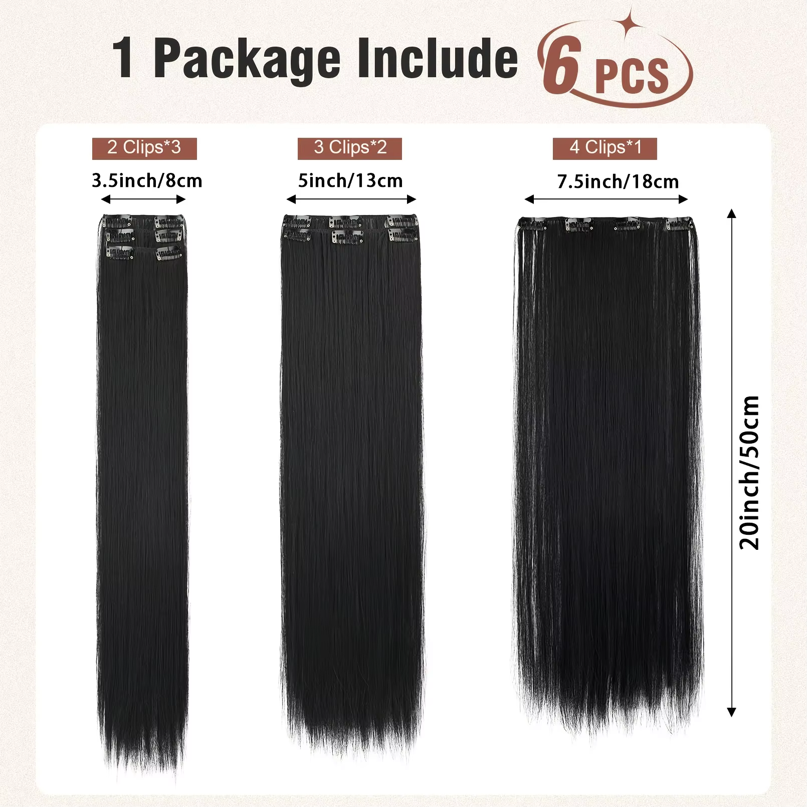 6 extensions de cheveux lisses à clipser pour femmes - Postiche synthétique résistant à la chaleur avec effet naturel