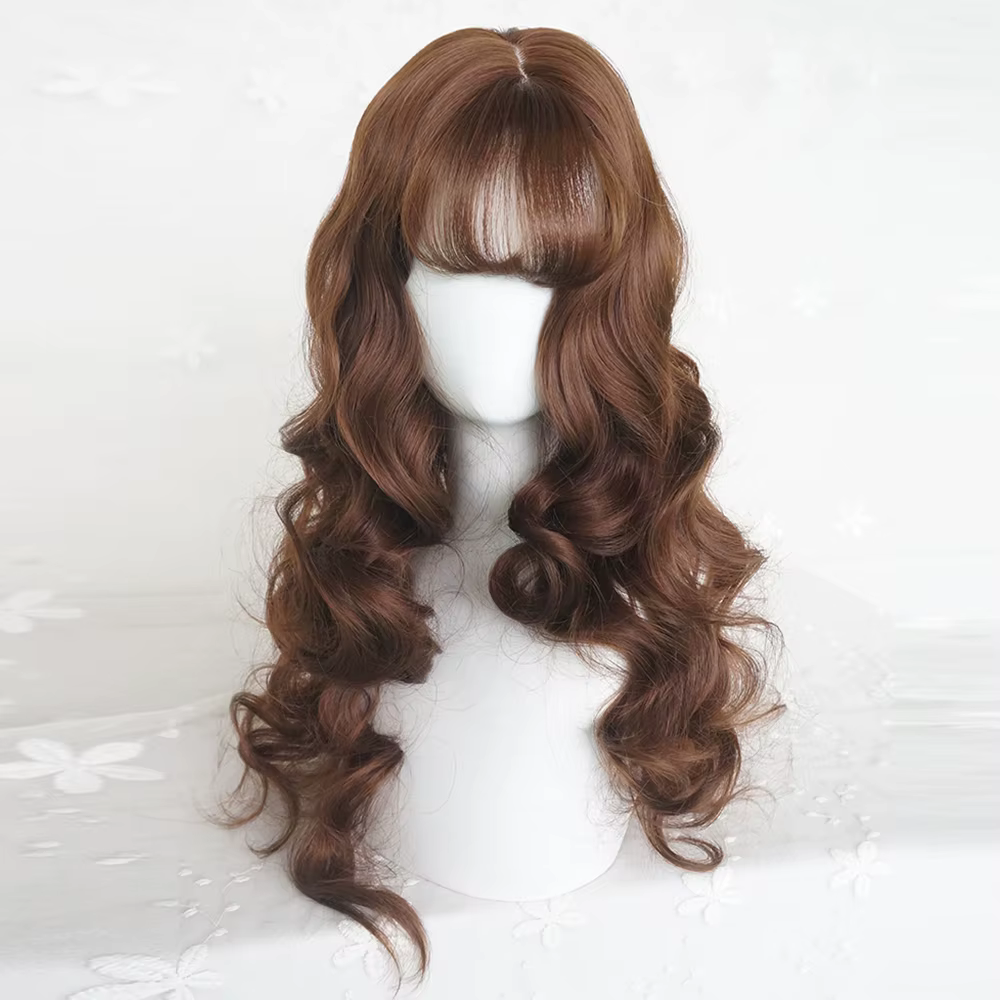 Perruque synthétique longue ondulée marron avec frange pour femmes