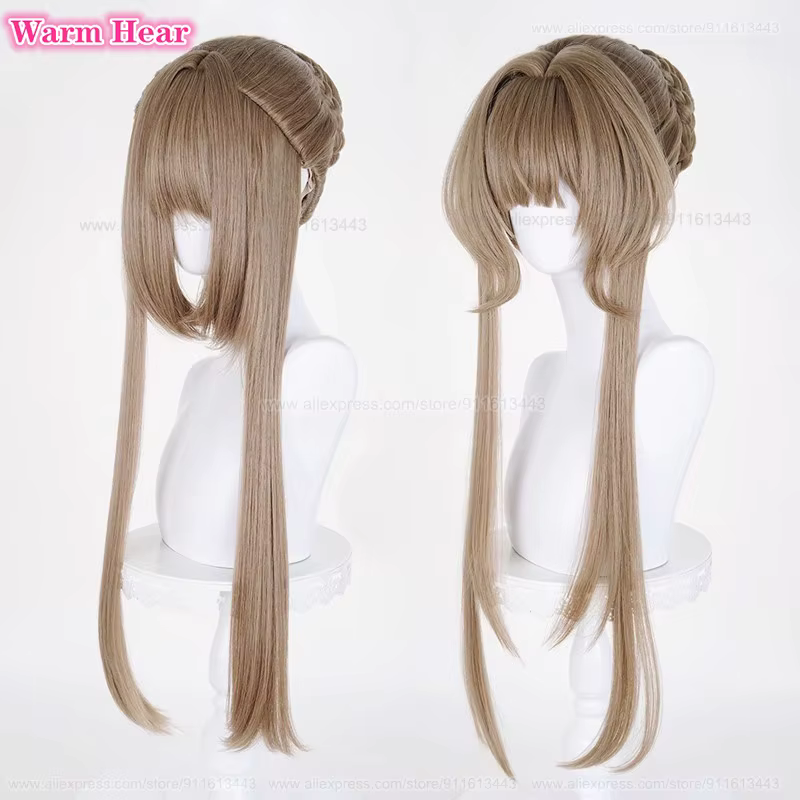 Nouveau! Jeu Sandrone longue 75 cm marron chaud avec chignon Cosplay Anime perruque Marionnette résistant à la chaleur cheveux synthétiques Halloween fête perruques