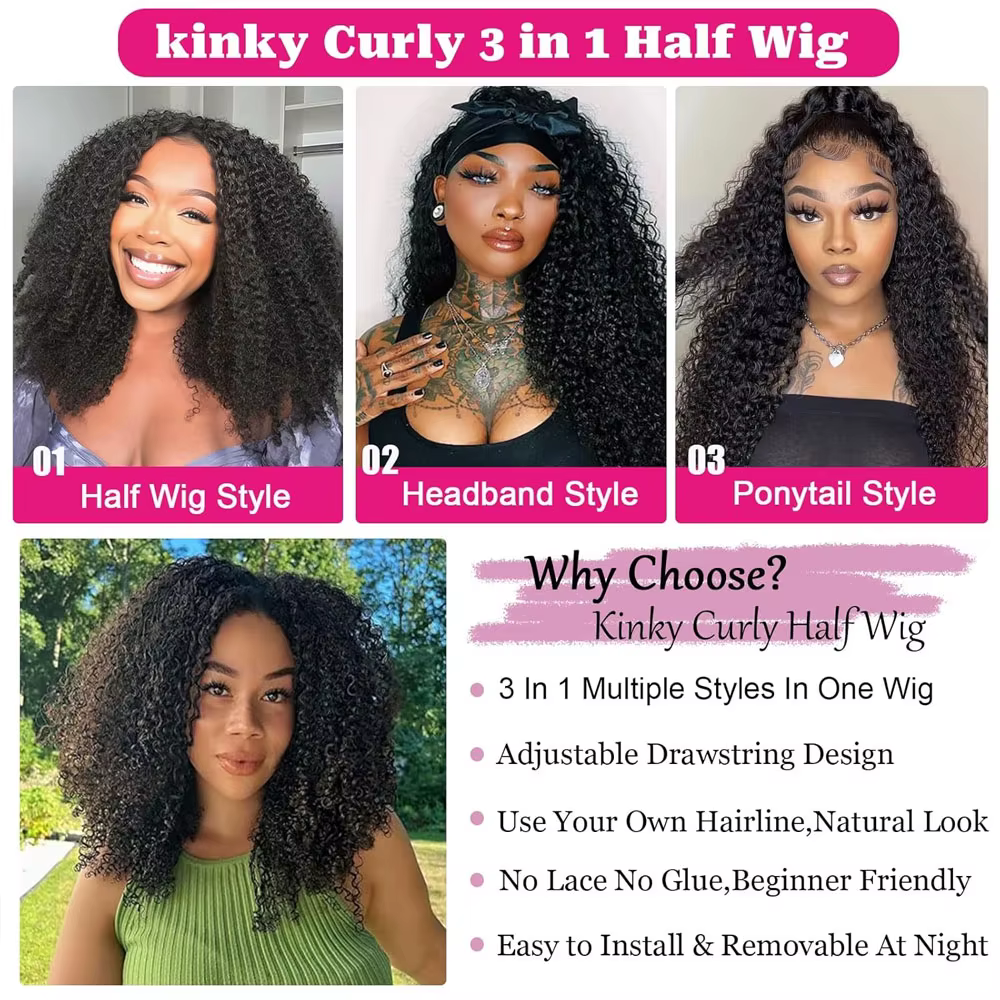 Demi-perruque cheveux humains crépus bouclés 3 en 1 perruque