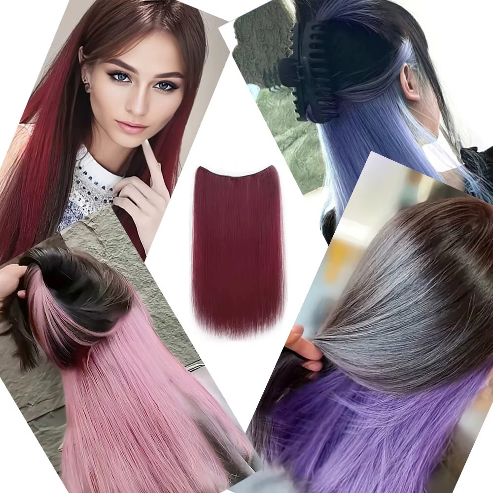 Extension de cheveux synthétiques colorés longs et lisses invisibles de 22 pouces