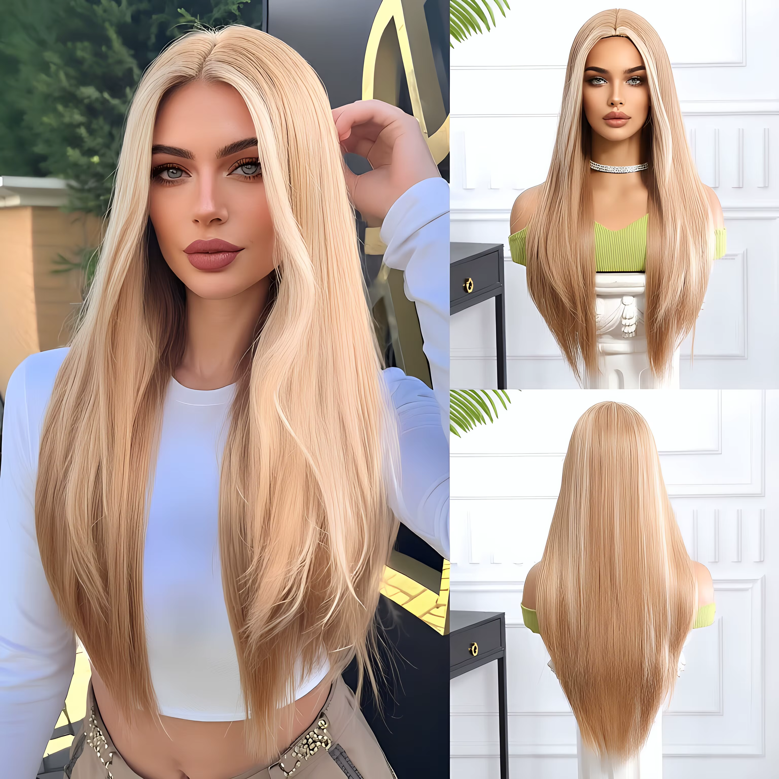 Perruque synthétique dorée avec style long et raide