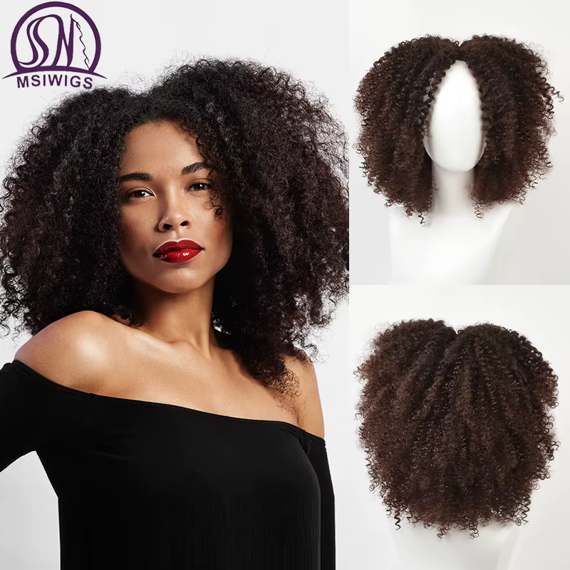 Msiperruque marron synthétique Kinkly bouclés perruques pour femmes Ombre Blonde rose rouge court Afro perruque afro-américaine noir moyen partie cheveux