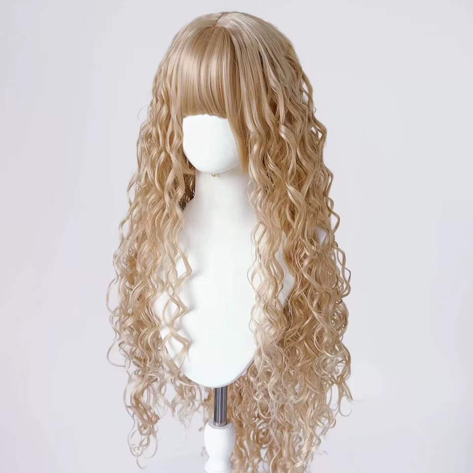 Perruque longue bouclée blonde avec frange