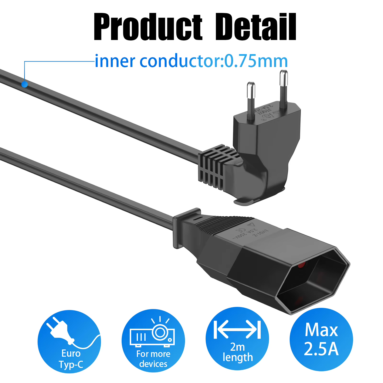 Câble d'extension 2 m à 90 degrés, cordon d'alimentation à prise européenne bidirectionnelle, prise Triple type C 2,5 A/250 V pour TV, PC, ordinateur, moniteur, projecteur
