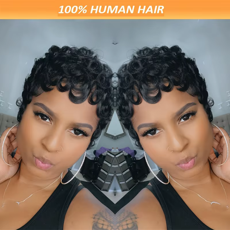 613 miel blond bouclés coupe lutin perruque 100% cheveux humains avec frange courte bouclés perruques de cheveux humains pour les femmes fabriqués à la Machine