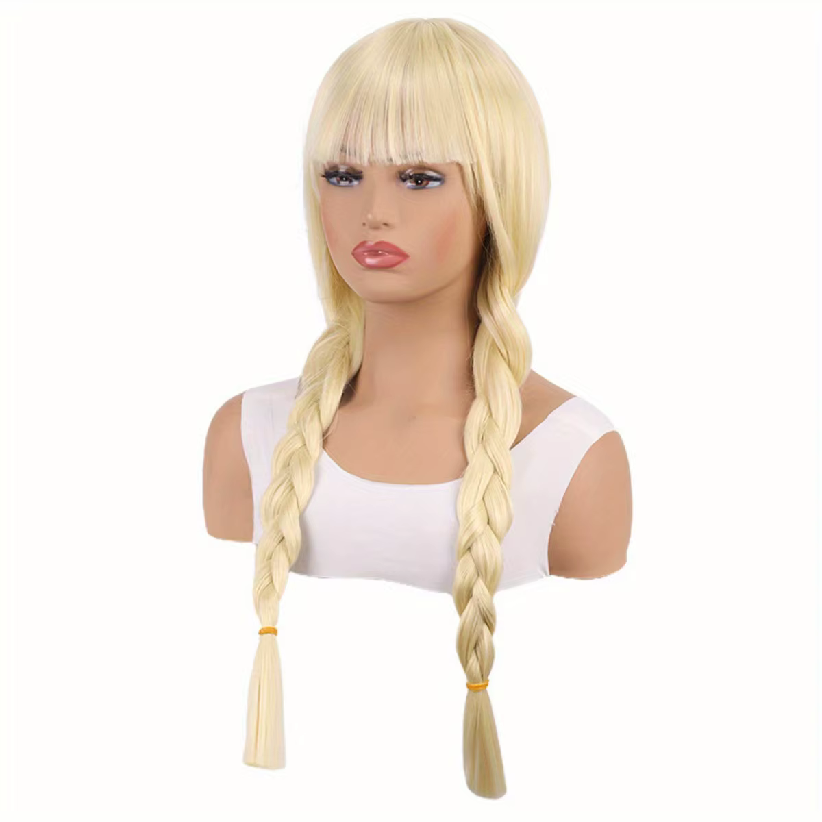Perruque blonde longue à double tresses avec frange