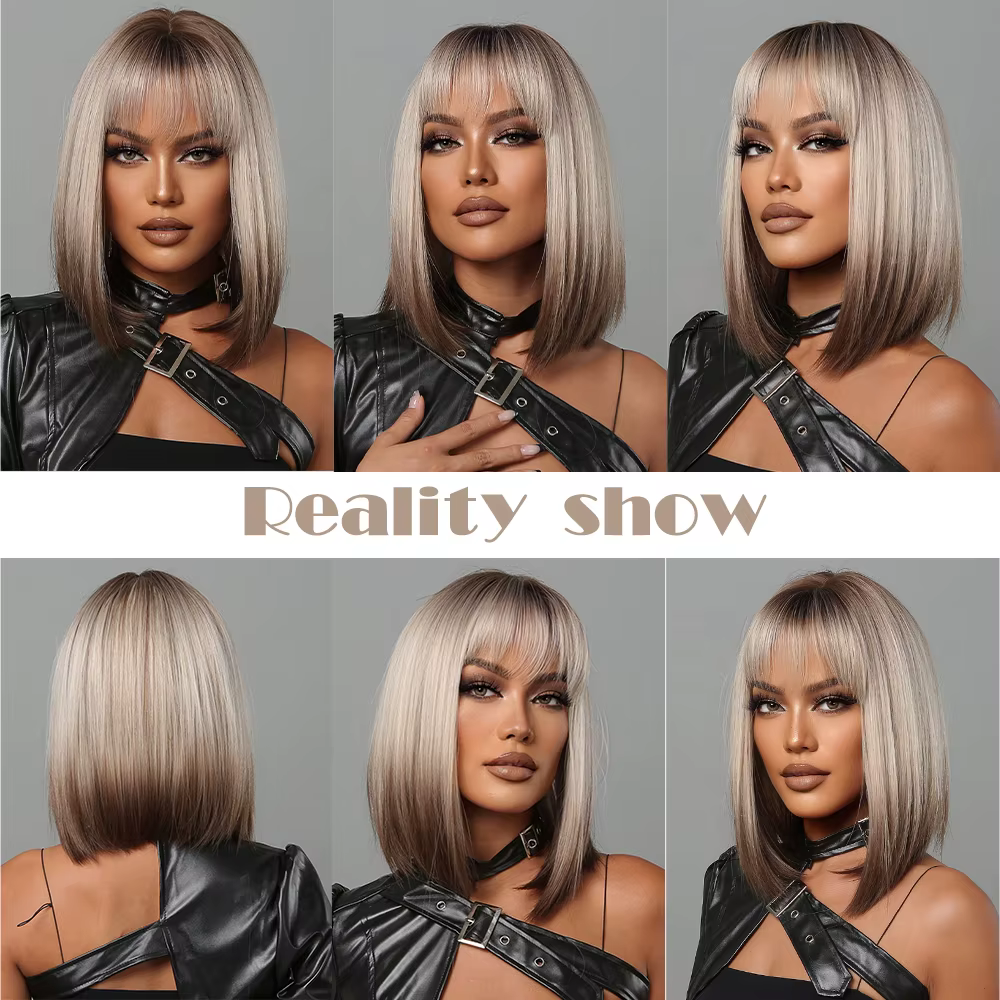 Perruques synthétiques courtes et lisses pour femmes, perruques Bob ombrées blondes à brunes avec frange, faux cheveux résistants à la chaleur pour fête Cosplay quotidienne