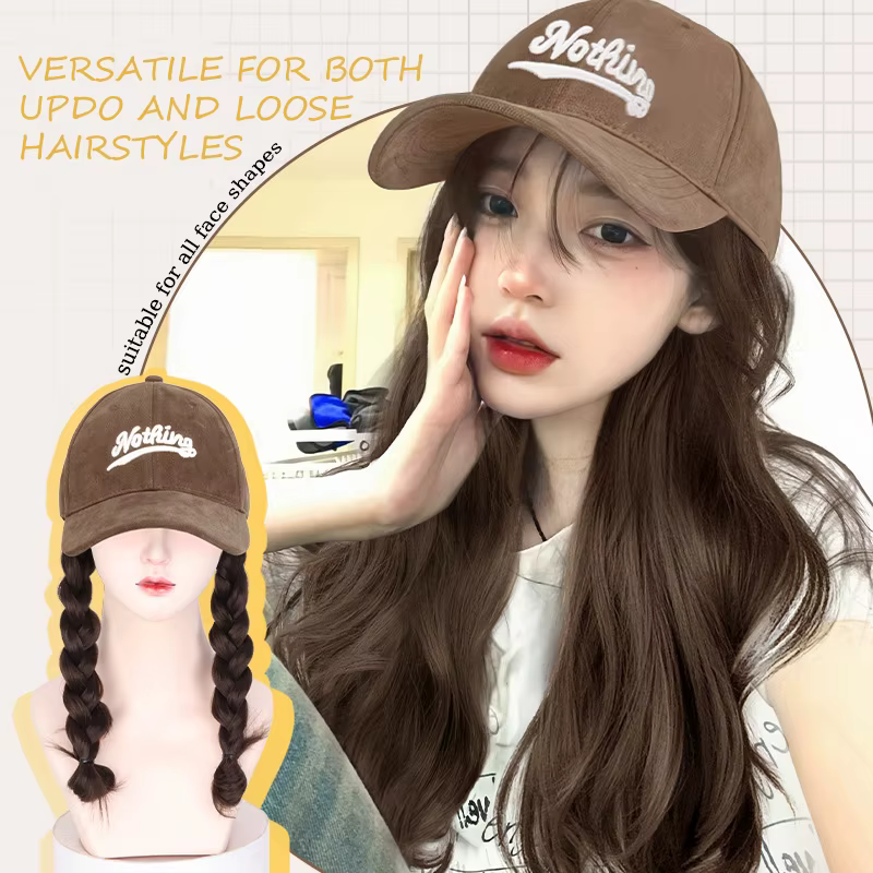 Perruque synthétique ondulée avec casquette de baseball marron et longs cheveux ondulés