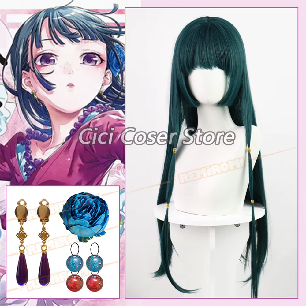 Perruque de Cosplay Maomao The Apothecary Diaries, cheveux longs verts, boucles d'oreilles Mao Mao, épingles à cheveux, couvre-chef pour femme, accessoires de fête d'halloween