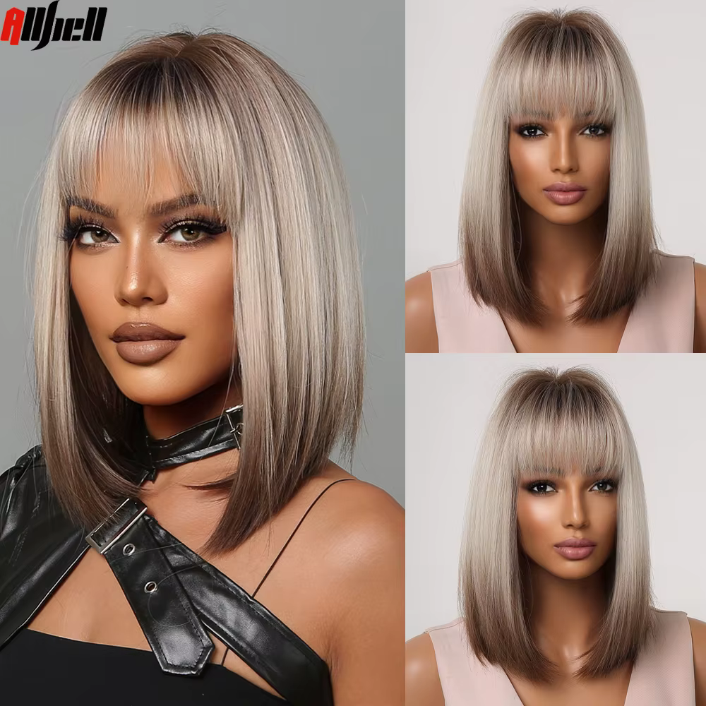 Perruques synthétiques courtes et lisses pour femmes, perruques Bob ombrées blondes à brunes avec frange, faux cheveux résistants à la chaleur pour fête Cosplay quotidienne