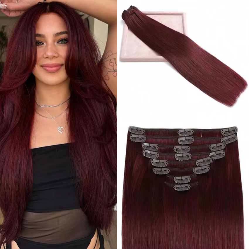 Extensions de cheveux humains bordeaux 99J