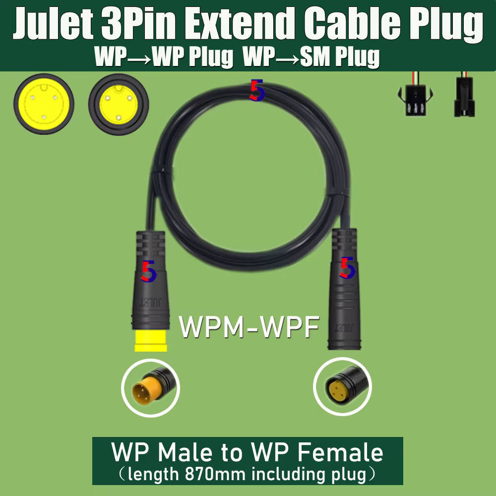 Câble d'extension d'accélérateur pour vélo électrique, Julet, 3 broches, prise étanche, connecteur adaptateur ABS, prise PAS 3P WP-WP/ WP-SM