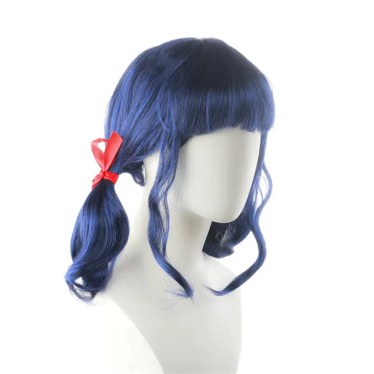 Perruque synthétique bleu marine bouclée à double queue de cheval avec nœuds rouges