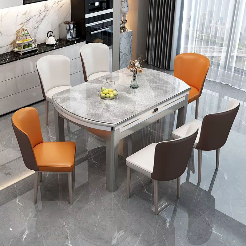 Table à manger ronde extensible et pliable en marbre et bois massif de luxe moderne avec ensemble de chaises 4, 6 places, designs de meubles de restaurant
