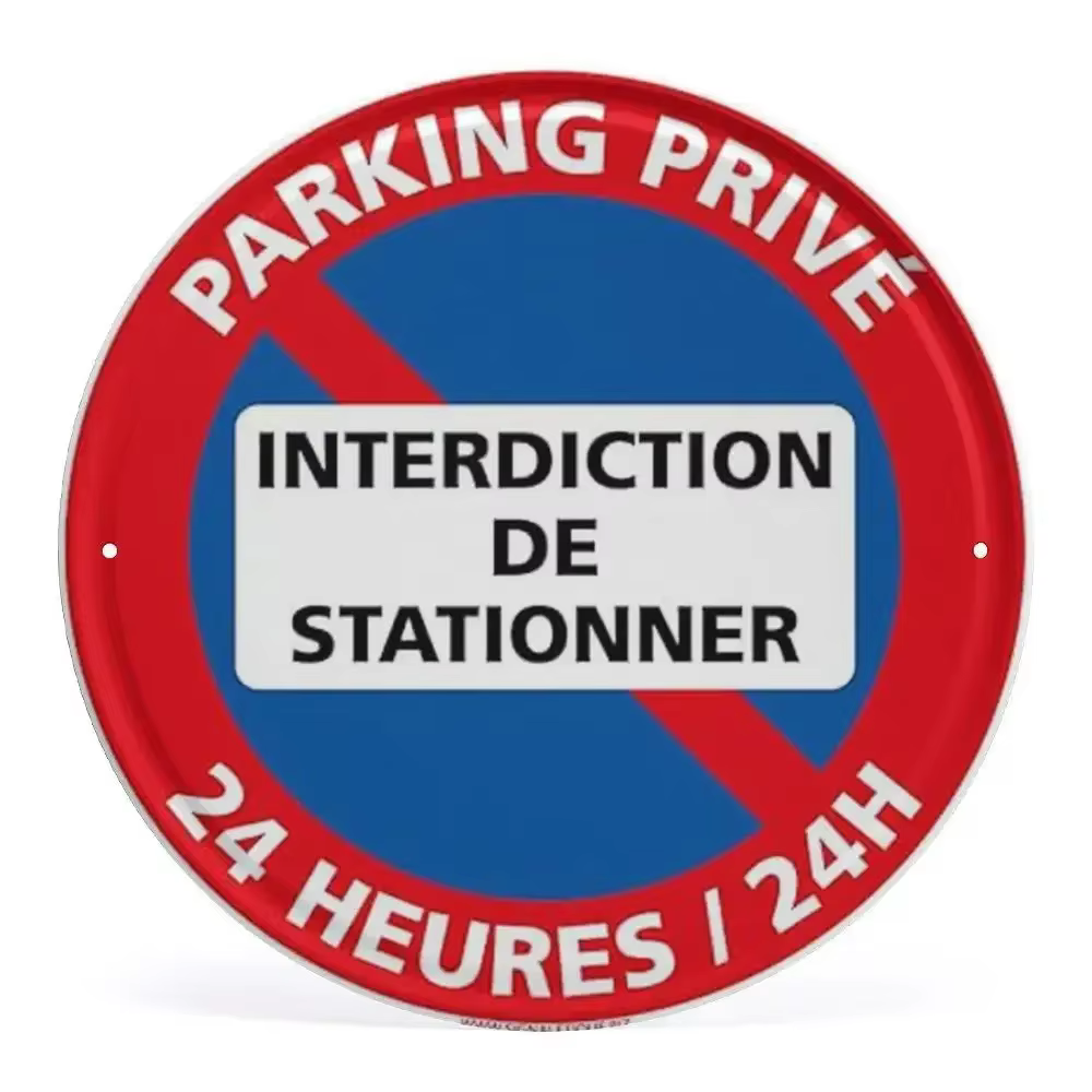 Ensemble de panneaux métalliques ronds en étain pour interdiction de stationnement et propriétés privées, style français et italien - "Parking Privé", "Interdiction de Stationner", "STOP K"