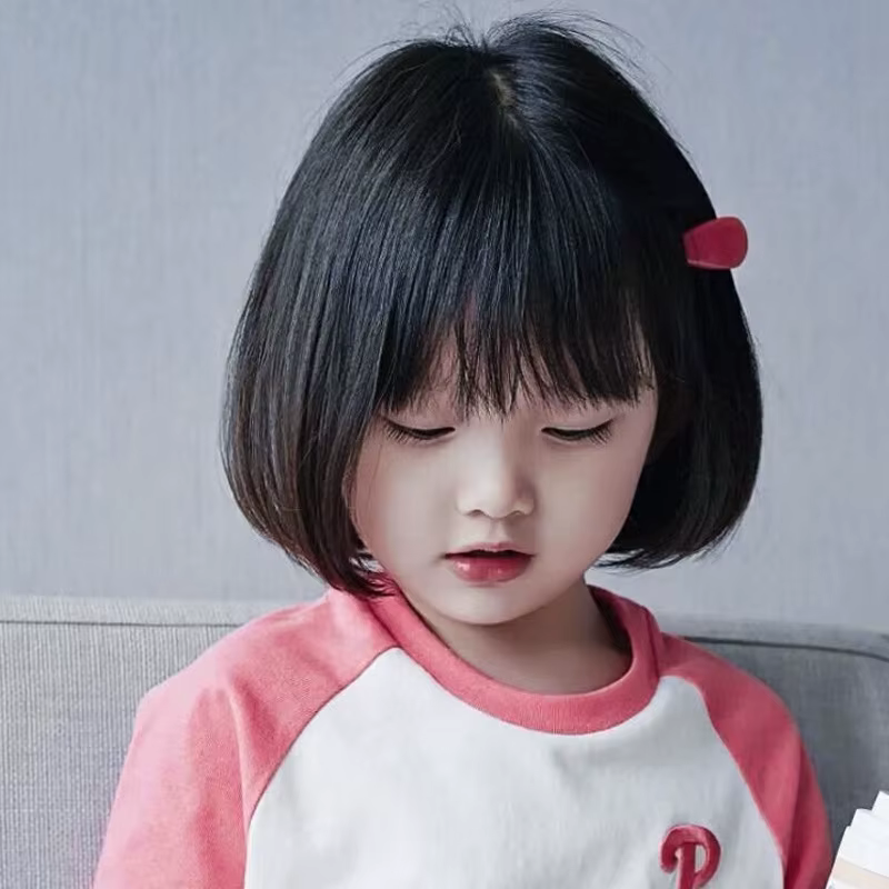 Perruque Synthétique Noire Bobo avec Frange Courte et Lisse pour Fille