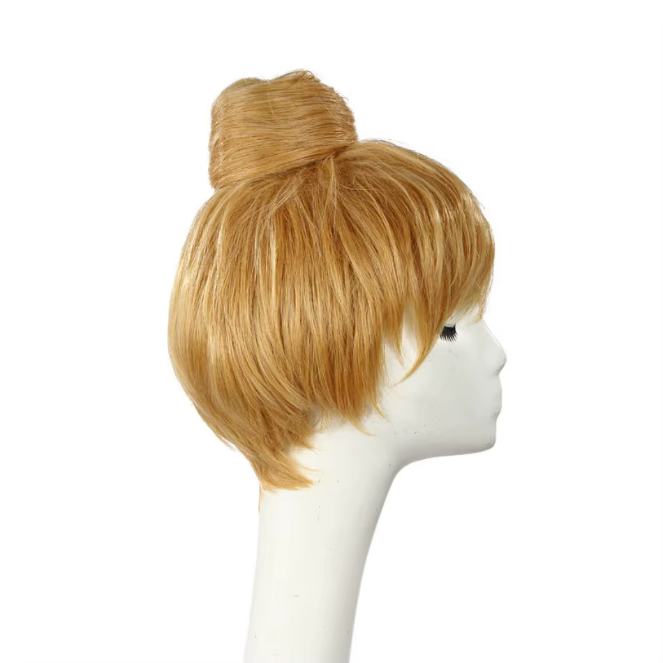 Perruques de Cosplay princesse fée clochette pour filles, cheveux courts blonds avec chignon, perruque synthétique résistante à la chaleur