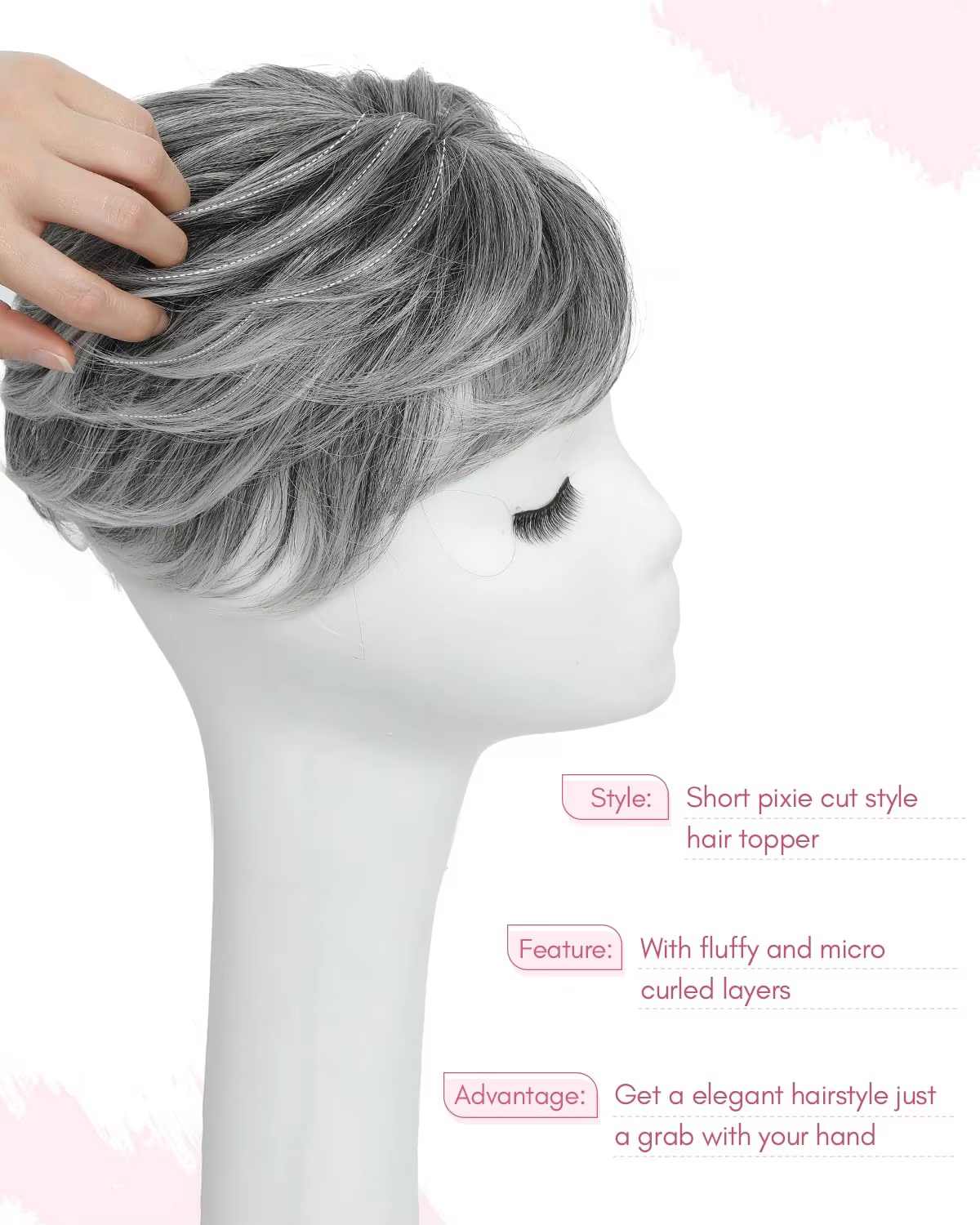 Extensions de cheveux synthétiques ondulés et volumineux gris coupe Pixie pour femmes