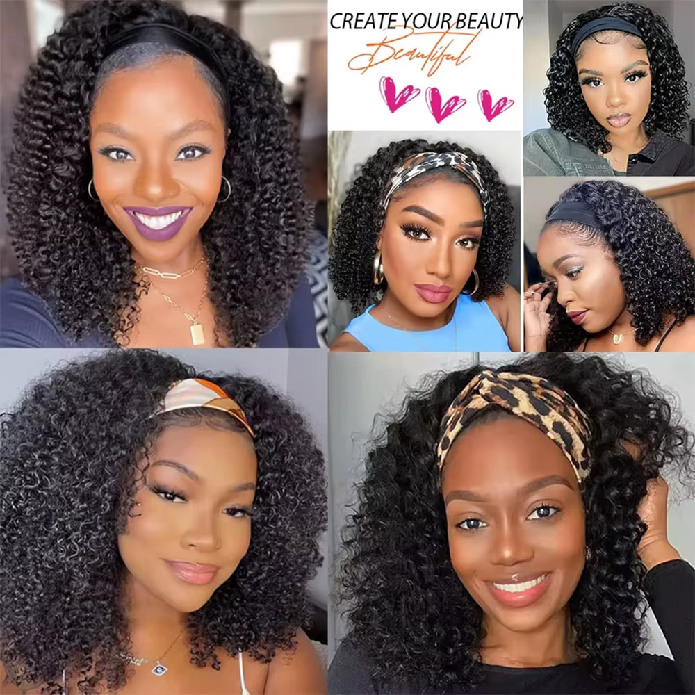 Perruque bandeau bouclée crépue 100% cheveux humains, perruques bob bouclées pour femmes, vraies perruques bobo en cheveux vierges, perruque entièrement fabriquée à la machine, noir naturel