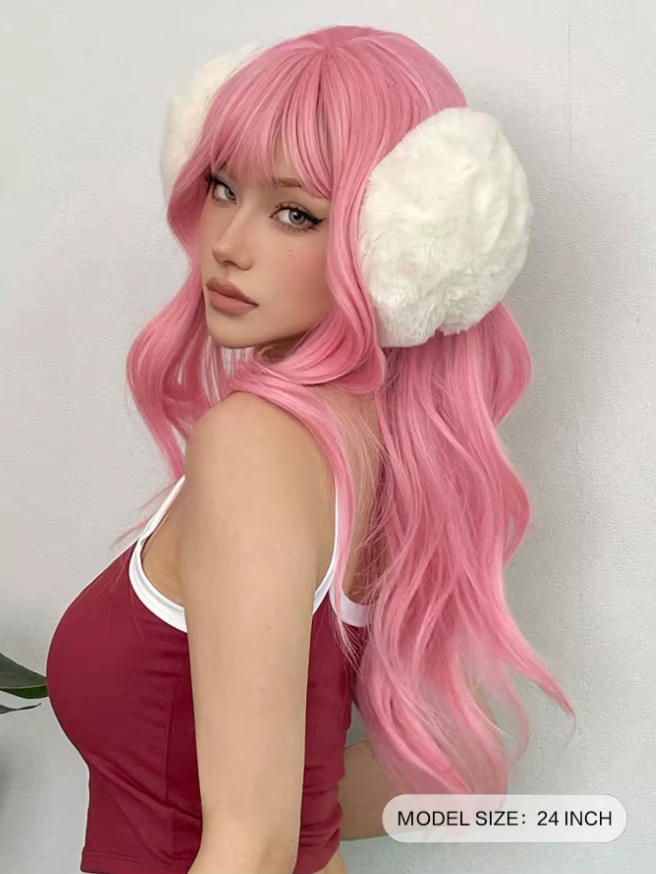 Perruque synthétique bouclée longue rose de 24 pouces