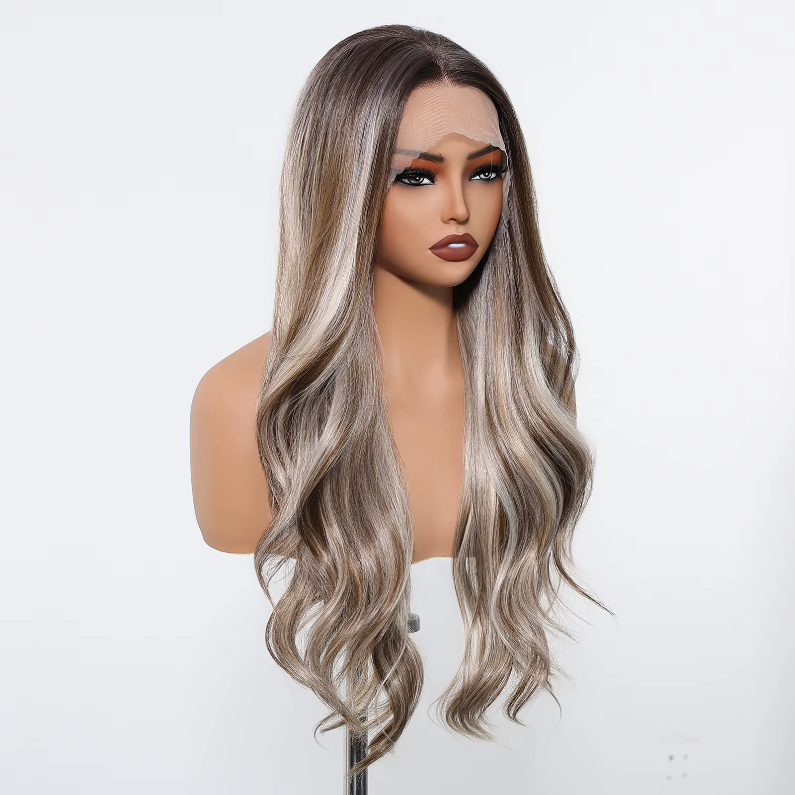 DWY – perruque Lace Front Wig synthétique à reflets bruns et blonds, longue et ondulée, 13x6, avec raie libre, naturelle, résistante à la chaleur, pour femmes