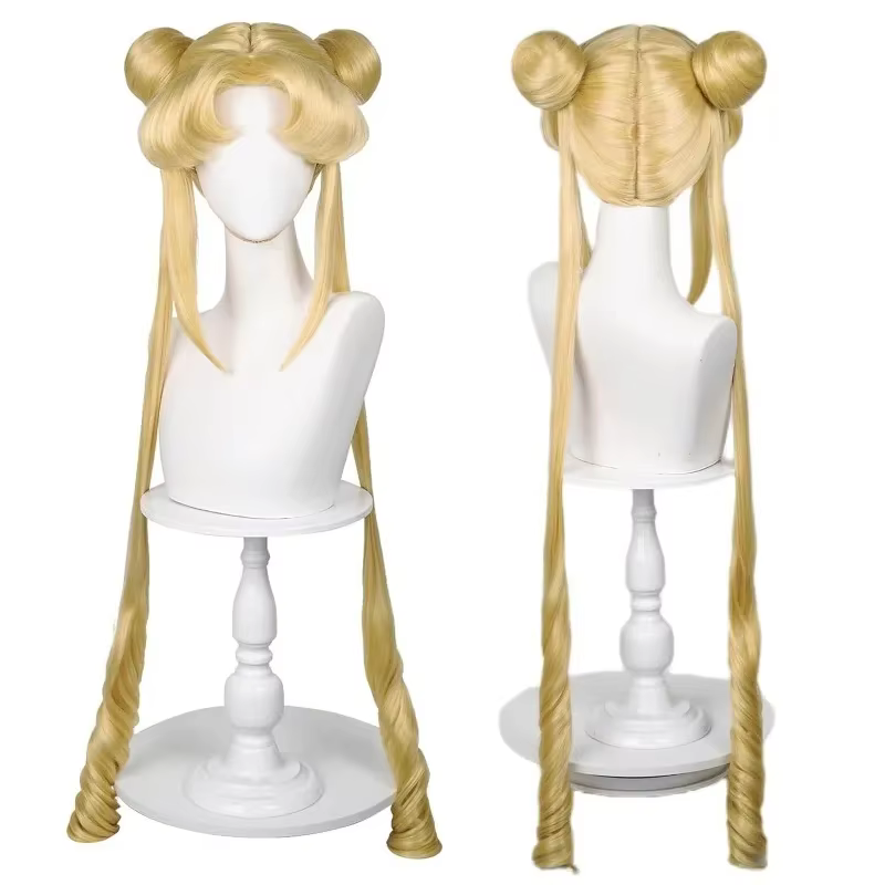 Sailor Moon Tsukino Usagi Perruque longue bouclée blonde queue de cheval avec 2 queues de pong avec bonnet