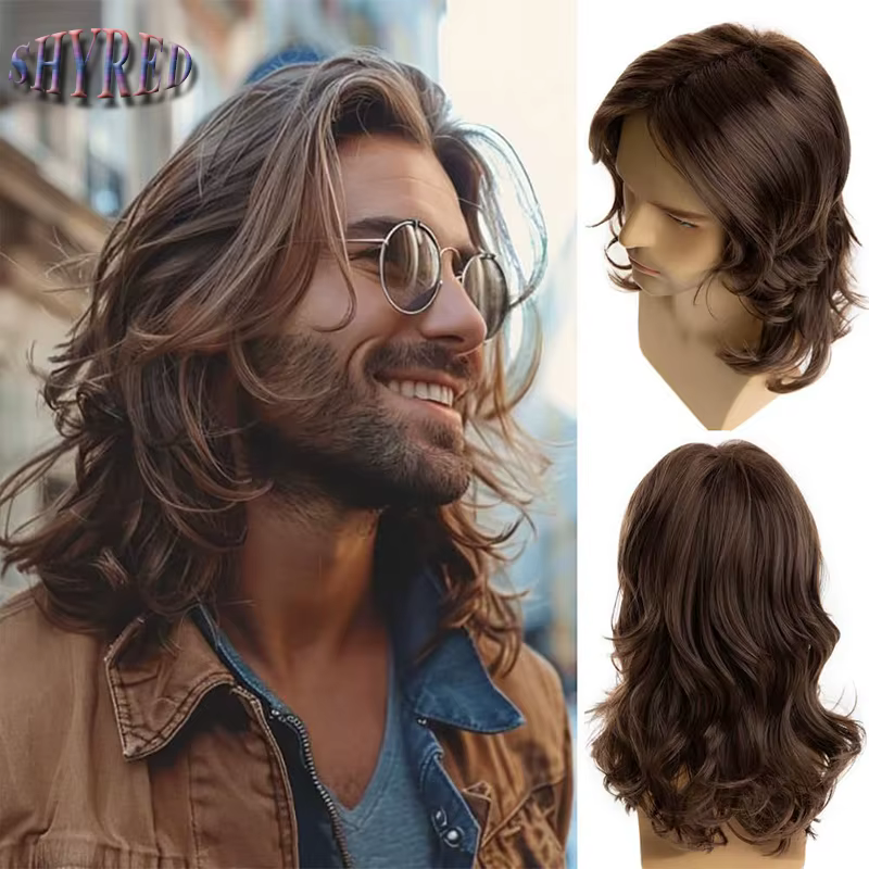 Perruque synthétique longue bouclée ondulée brune pour hommes