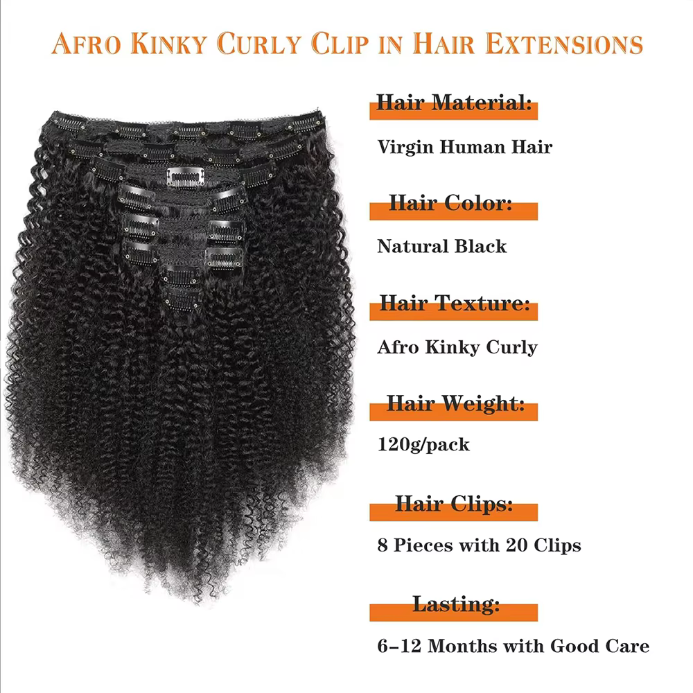 Extensions de cheveux humains bouclés afro crépus à clipser 4C 4B pour femmes