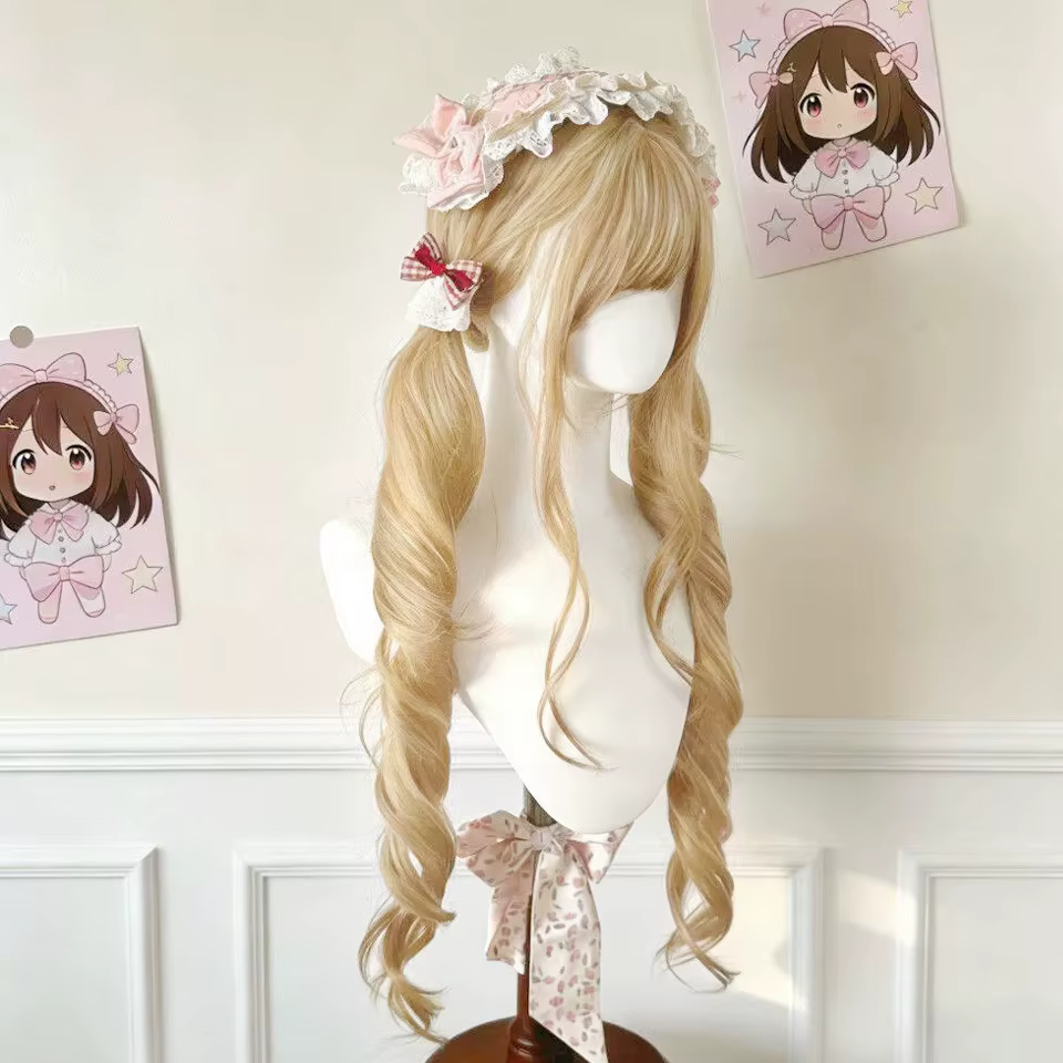 Perruque longue blonde double queue de cheval style Lolita avec frange, boucles princesse, synthétique, noire et marron, pour fille, cosplay, Halloween, Harajuku