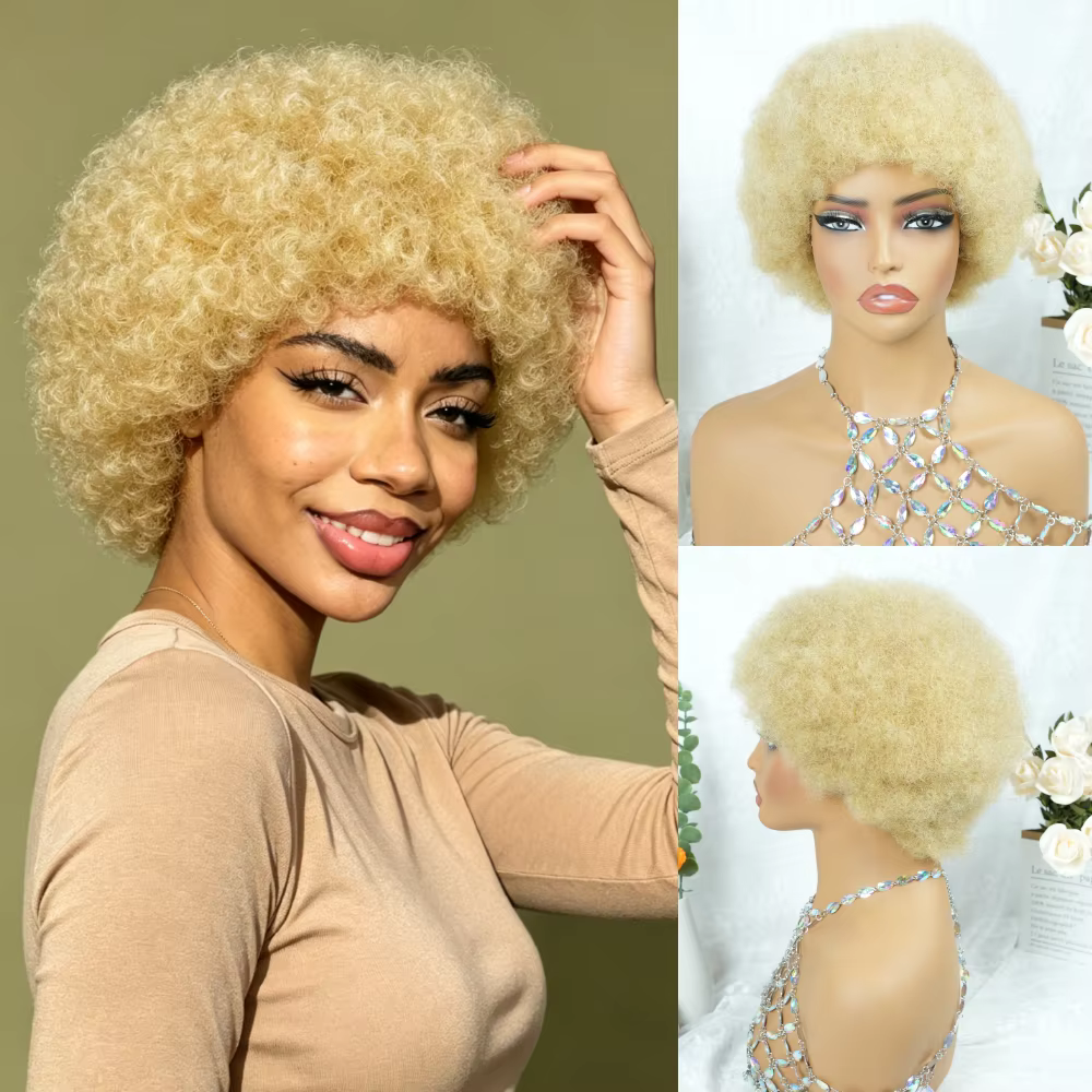 Perruque courte bouclée afro blond miel, volumineuse, style pixie crépu avec frange, bonnet ajustable, entièrement fabriquée à la machine, coupe afro moelleuse