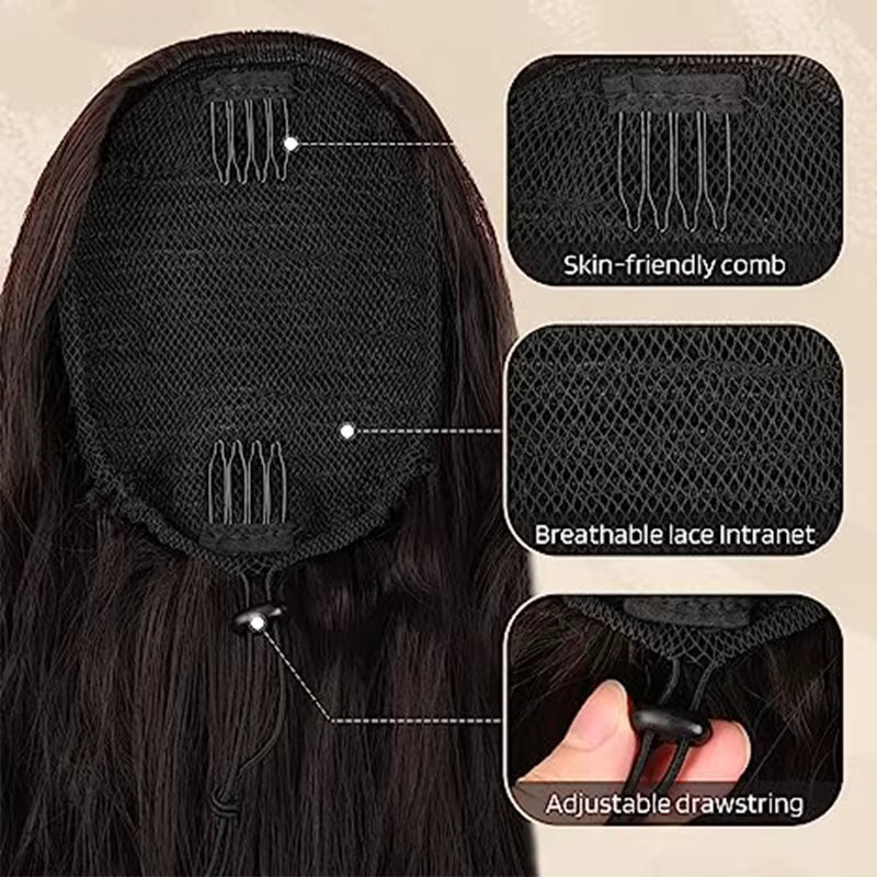 Extension de cheveux queue de cheval ondulée longue bouclée pour femmes postiche queue de cheval synthétique naturelle avec cordon bordeaux blond fausse queue de poney