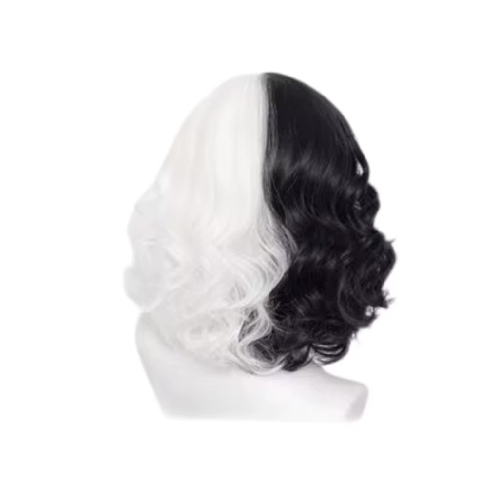 Perruque synthétique courte bouclée Cruella noire et blanche pour femmes