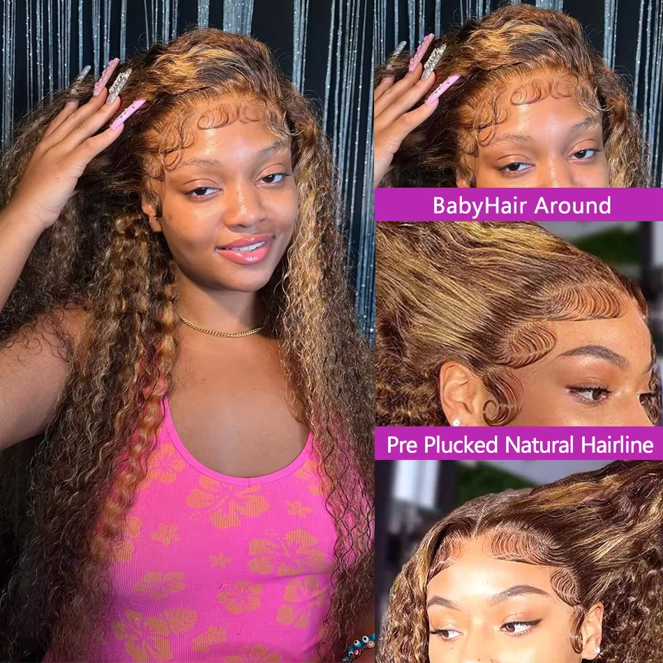 36 pouces mettre en évidence miel blond crépus bouclés perruques cheveux humains 13x6 HD vague profonde dentelle