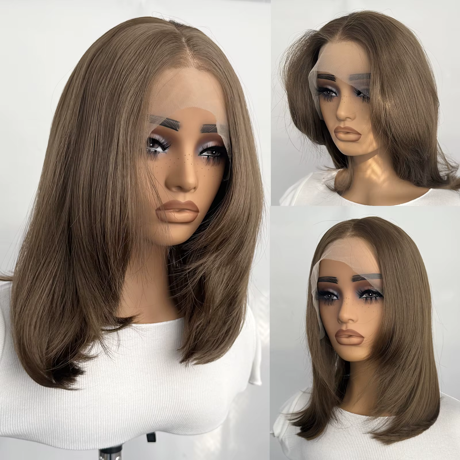 Perruque Bob Lace Front Wig synthétique courte et lisse, coupe superposée, 13x4, naissance des cheveux naturelle, usage quotidien, pour femmes