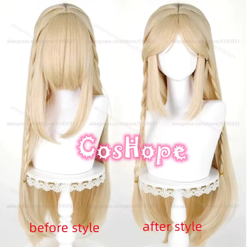Cartethyia Cosplay perruque avec oreilles 90 cm de Long pré tressé lin doré