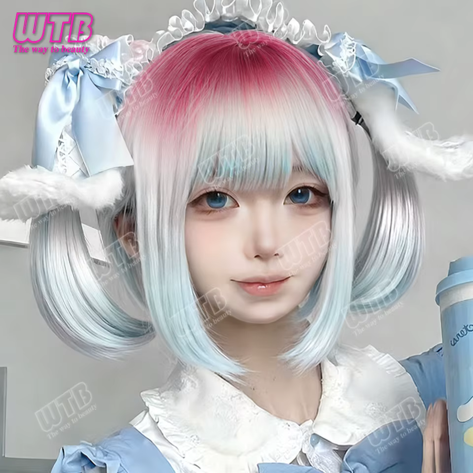 WTB Perruque synthétique Lolita dégradée avec frange droite, adaptée aux femmes et aux filles, pour les fêtes et le cosplay