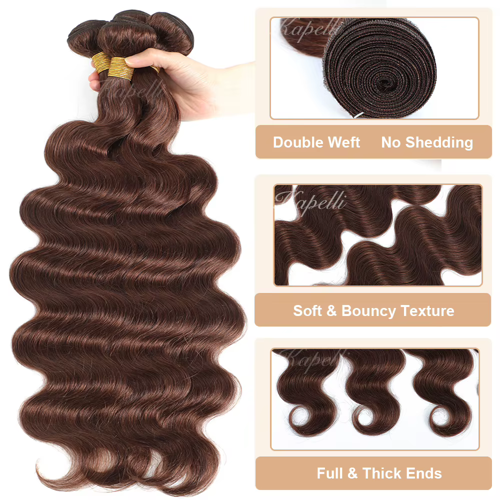 Extensions de Cheveux Humains Ondulés Bruns avec Closure 4x4/13x4