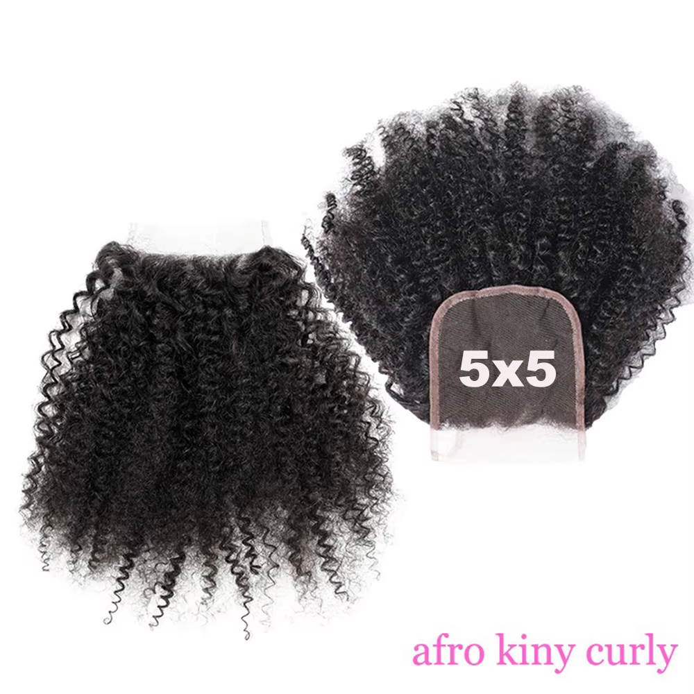 Afro crépus bouclés 4x4 5x5 dentelle fermeture Extensions de cheveux humains vague bouclée 4x4 5x5 Transparent