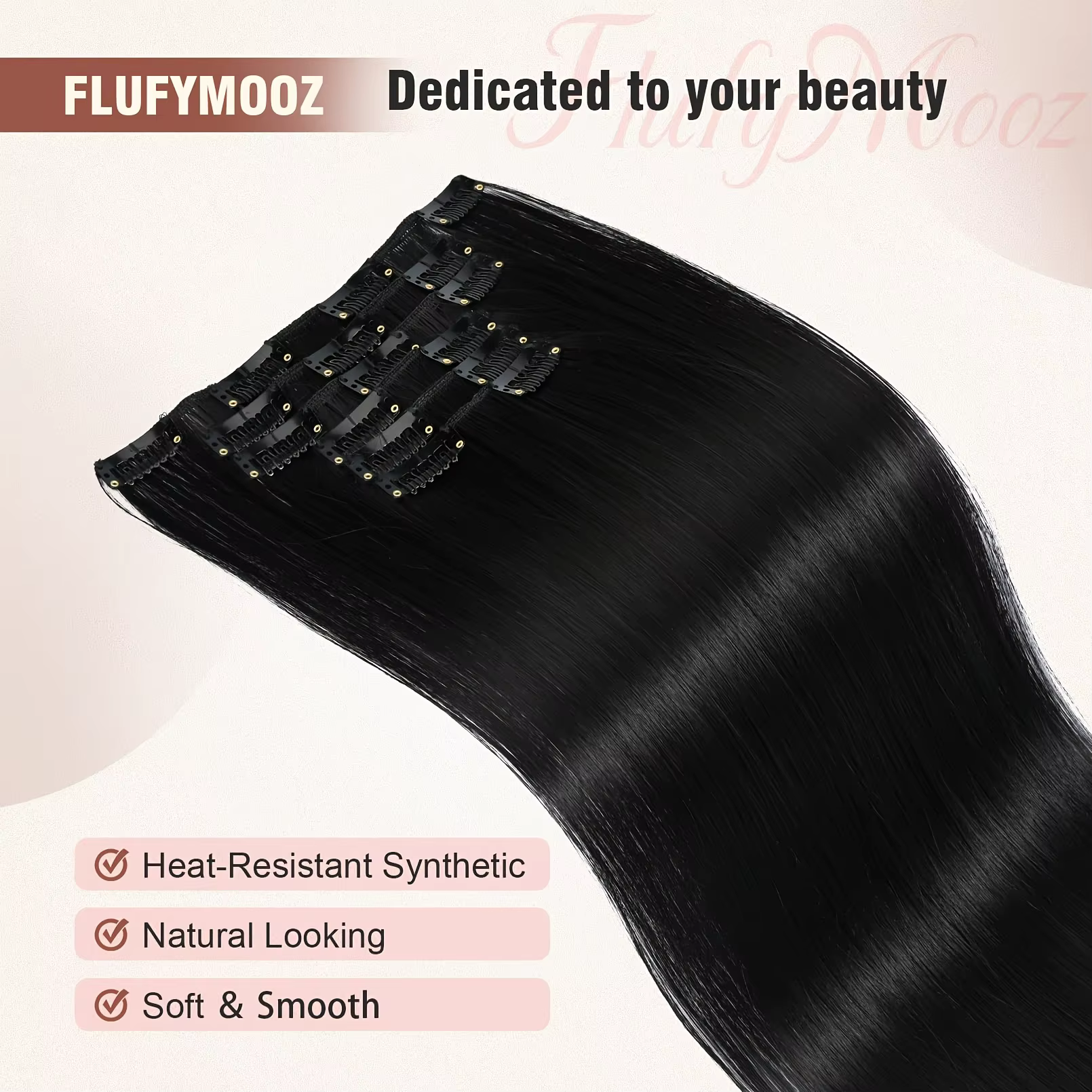 6 extensions de cheveux lisses à clipser pour femmes - Postiche synthétique résistant à la chaleur avec effet naturel